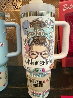 New 40 oz Stanley White Tumbler with Pastel Blue, Pink and Purple Nurse Design